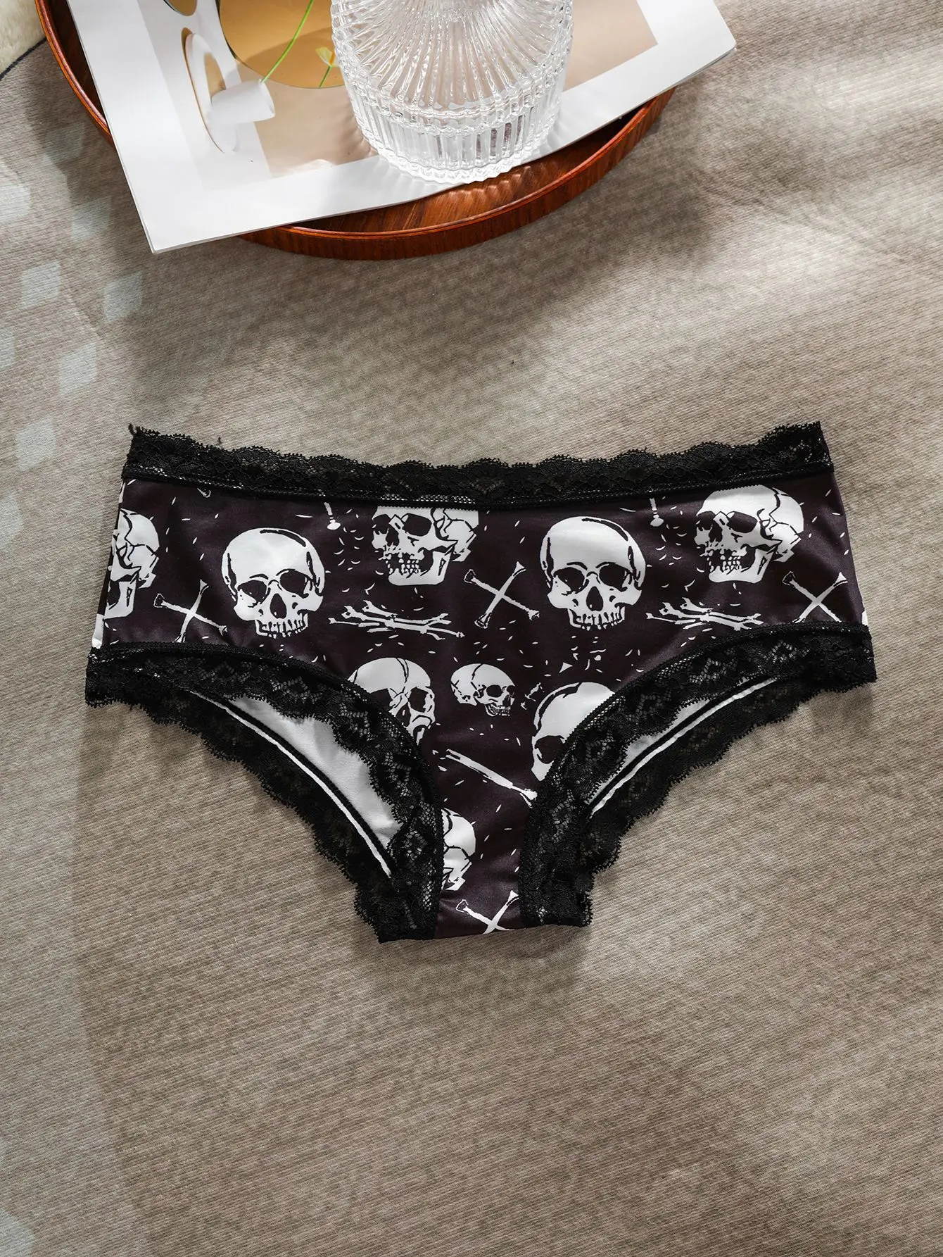 4Pcs Comfortable Breathable Women's Panties Women Sexy Lace Briefs Dark Skull Fashion Print Christmas Female Underpants