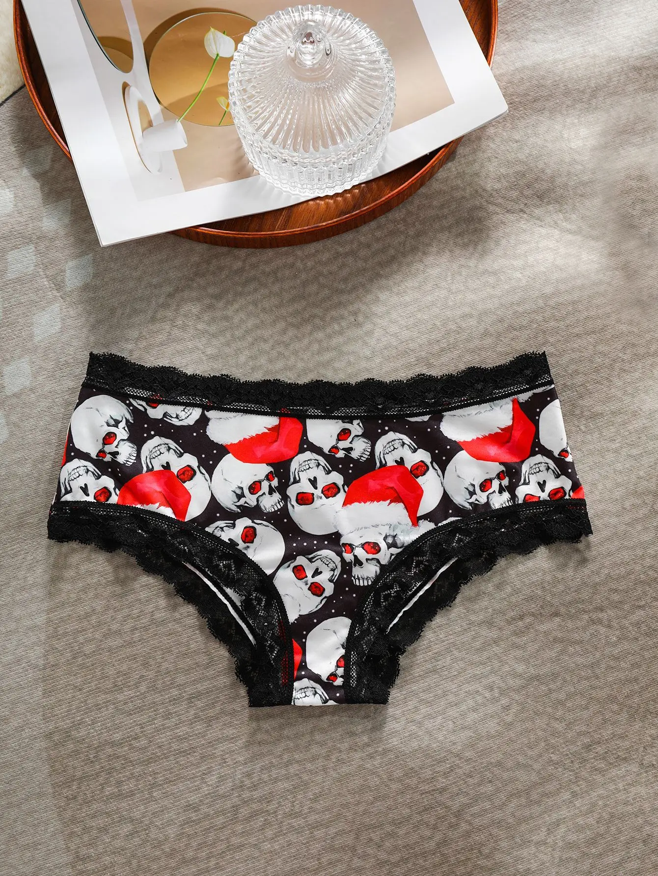 4Pcs Comfortable Breathable Women's Panties Women Sexy Lace Briefs Dark Skull Fashion Print Christmas Female Underpants