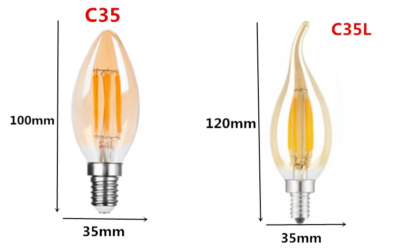 5PCS LED Edison Filament Candle Bulbs Light Golden C35 C35L 2W 4W 6W Warm White Dimmable E14 E12 E27 220V 110V For Crystal Light