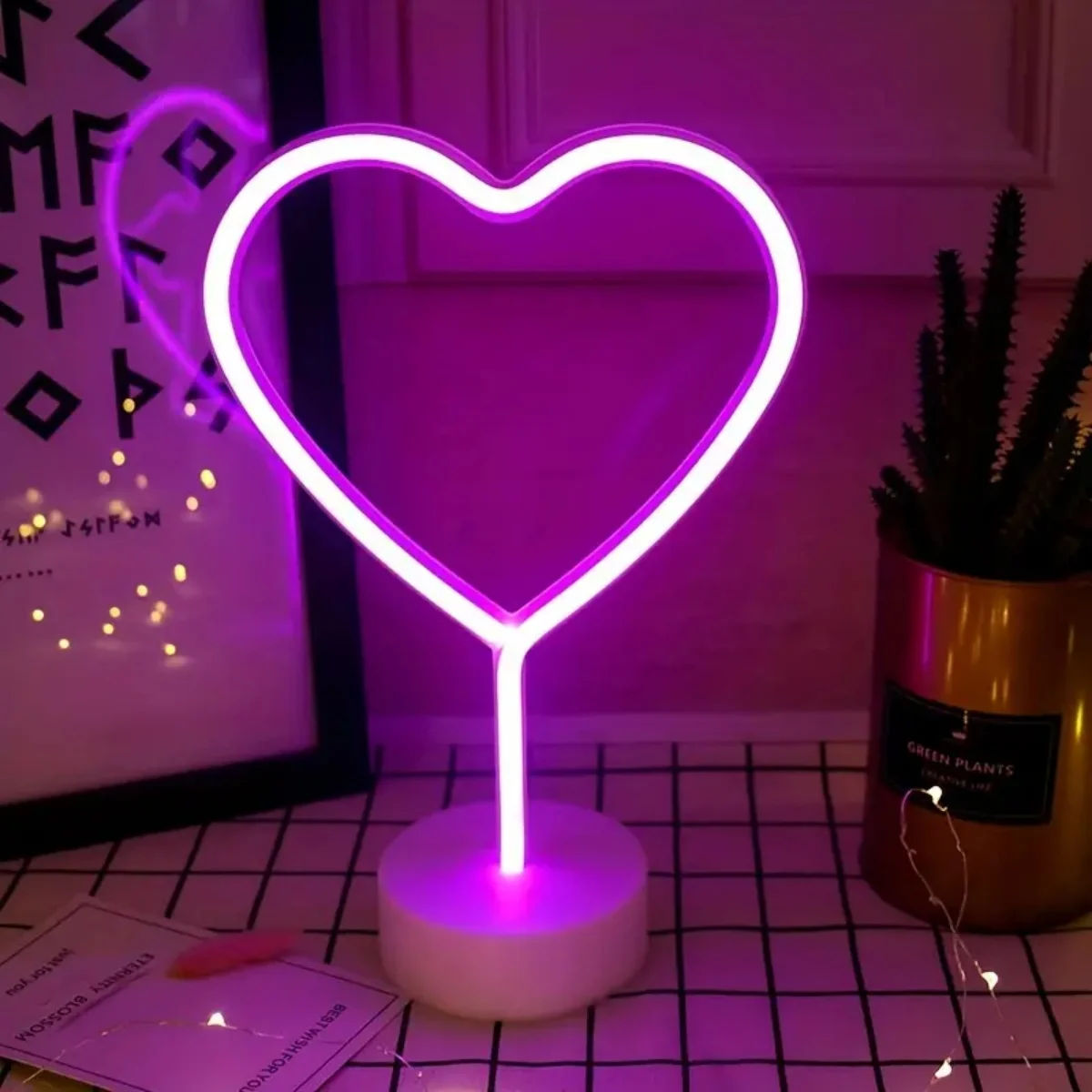 1pc Pink Neon Heart Light LED Neon Signs Night Light With Base Battery Powered Neon Table Light Suitable For Home Bedroom Party