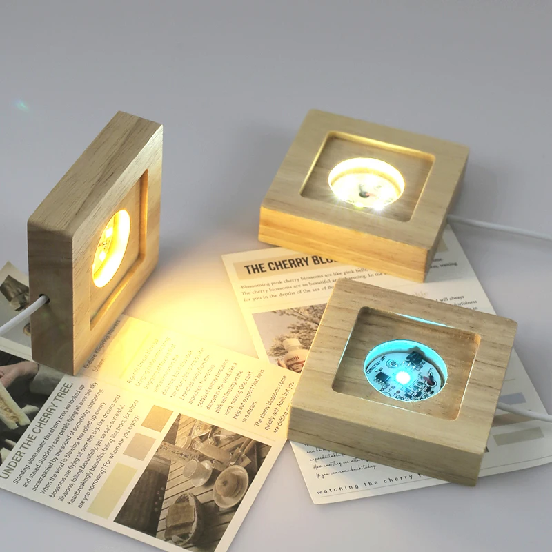 7 Color Light Square LED Lights Wooden Lighted Base Stand Lasers Crystal Glass DIY Night Lighted Base Resin Art Ornament