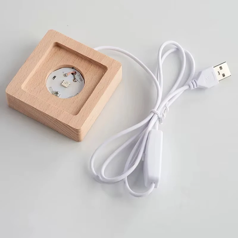 7 Color Light Square LED Lights Wooden Lighted Base Stand Lasers Crystal Glass DIY Night Lighted Base Resin Art Ornament