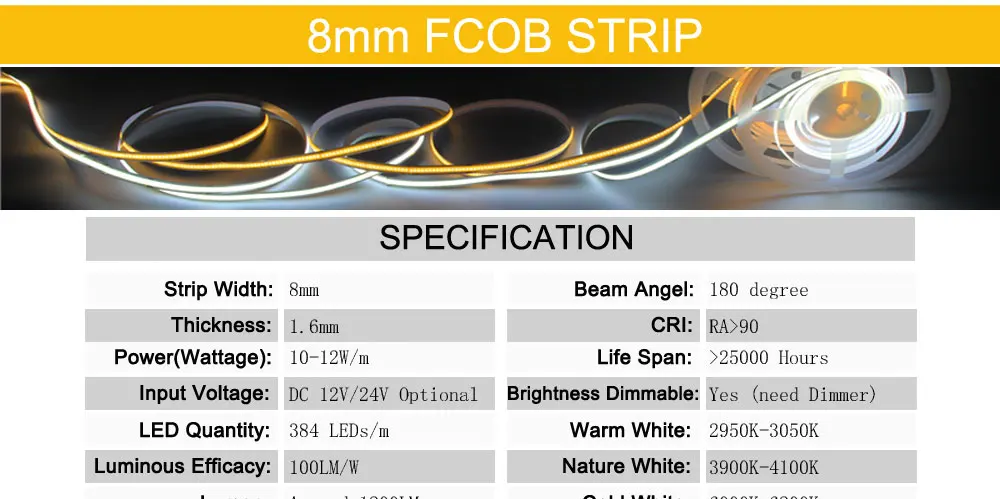 SUMBULBS FCOB LED Strip Light 480 Chips/M LED COB 12V Warm Nature Cool White for Bedroom Stage Home TV DIY Lighting Decoration