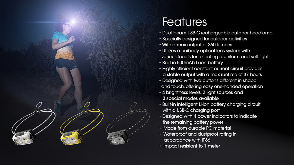 NITECORE NU21 Outdoor Headlamp Ultra Lightweight Dual Beam White Red Light 360 Lumens USB-C Rechargeable Portable Headlight