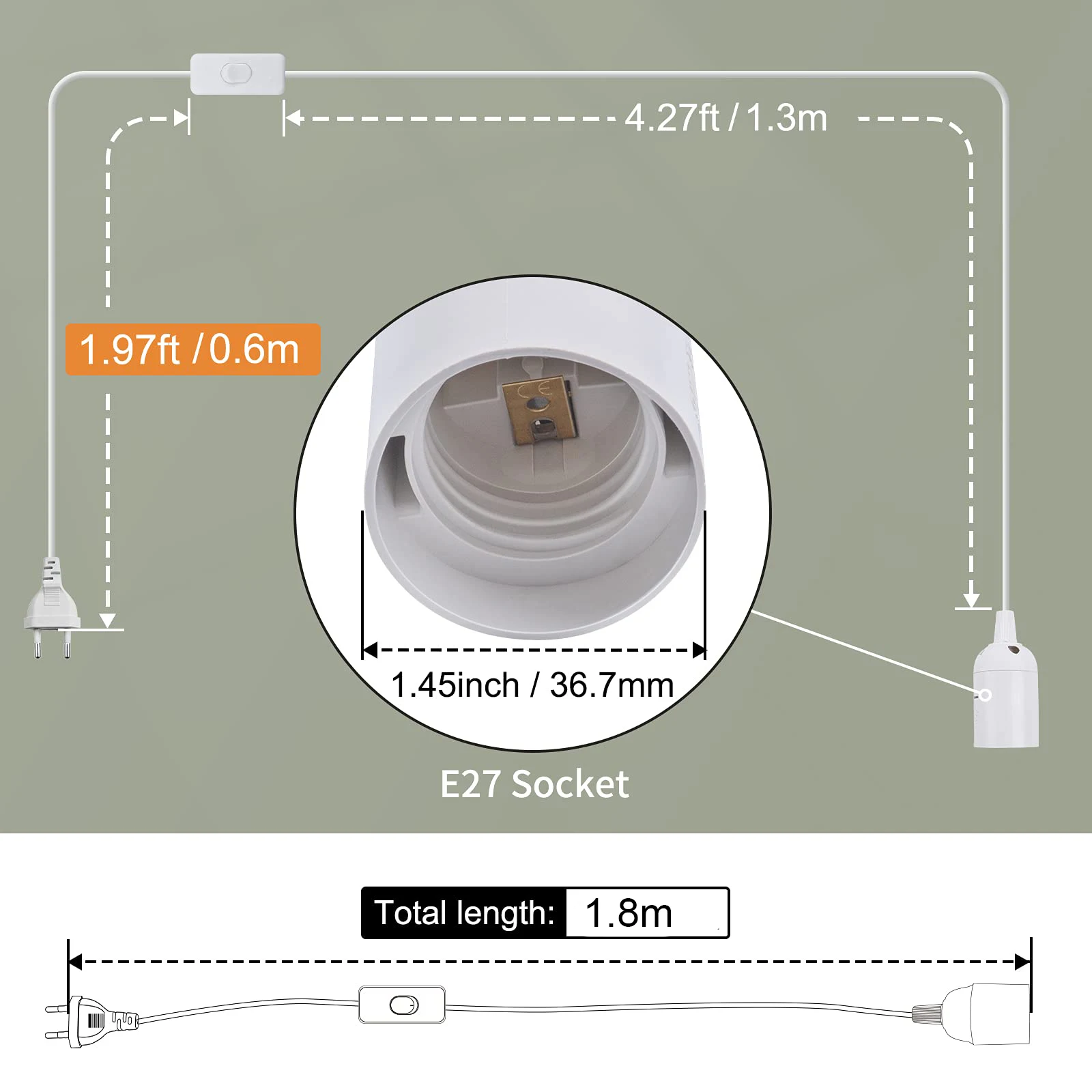Hcnew E27 Lamp Base 1.8m Power Cord Cable EU Plug with Switch Wire for Pendant LED Bulb Hanglamp Suspension Socket Holder