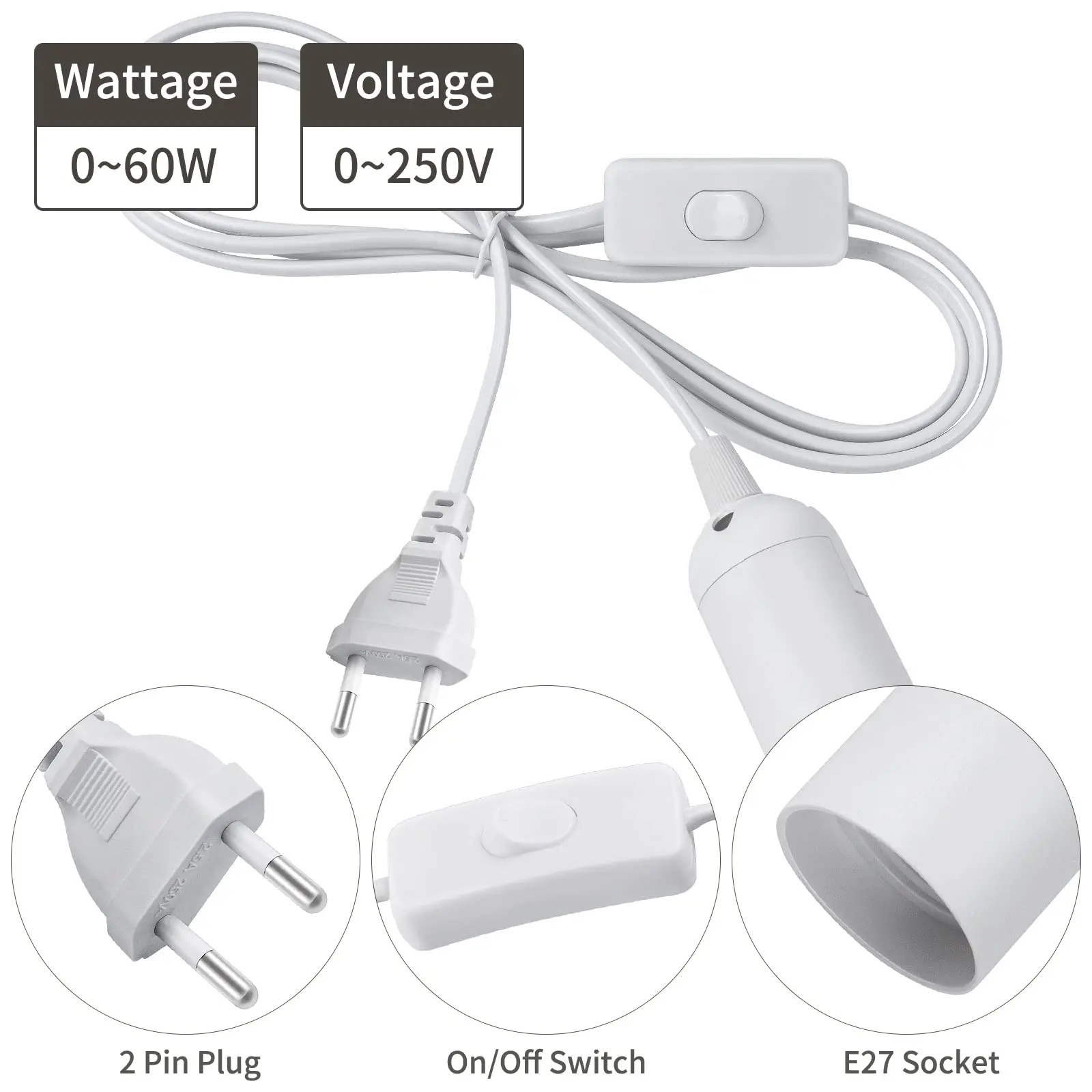 Hcnew E27 Lamp Base 1.8m Power Cord Cable EU Plug with Switch Wire for Pendant LED Bulb Hanglamp Suspension Socket Holder