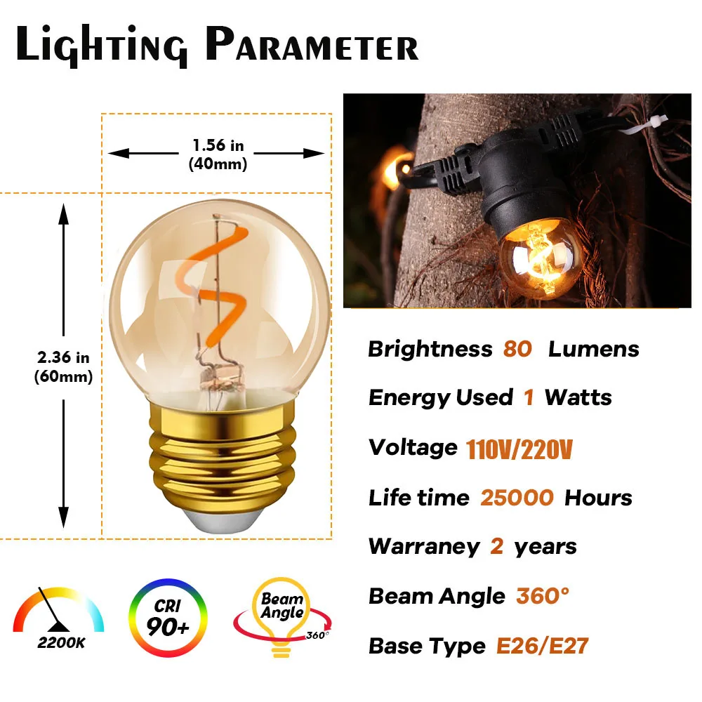 G40 Gold Led Spiral Filament Light Bulb 1W (Equivalent 10W) Energy Saving Led Lamp Amber Glass E27 220V 2200K Dimmable Led Bulb