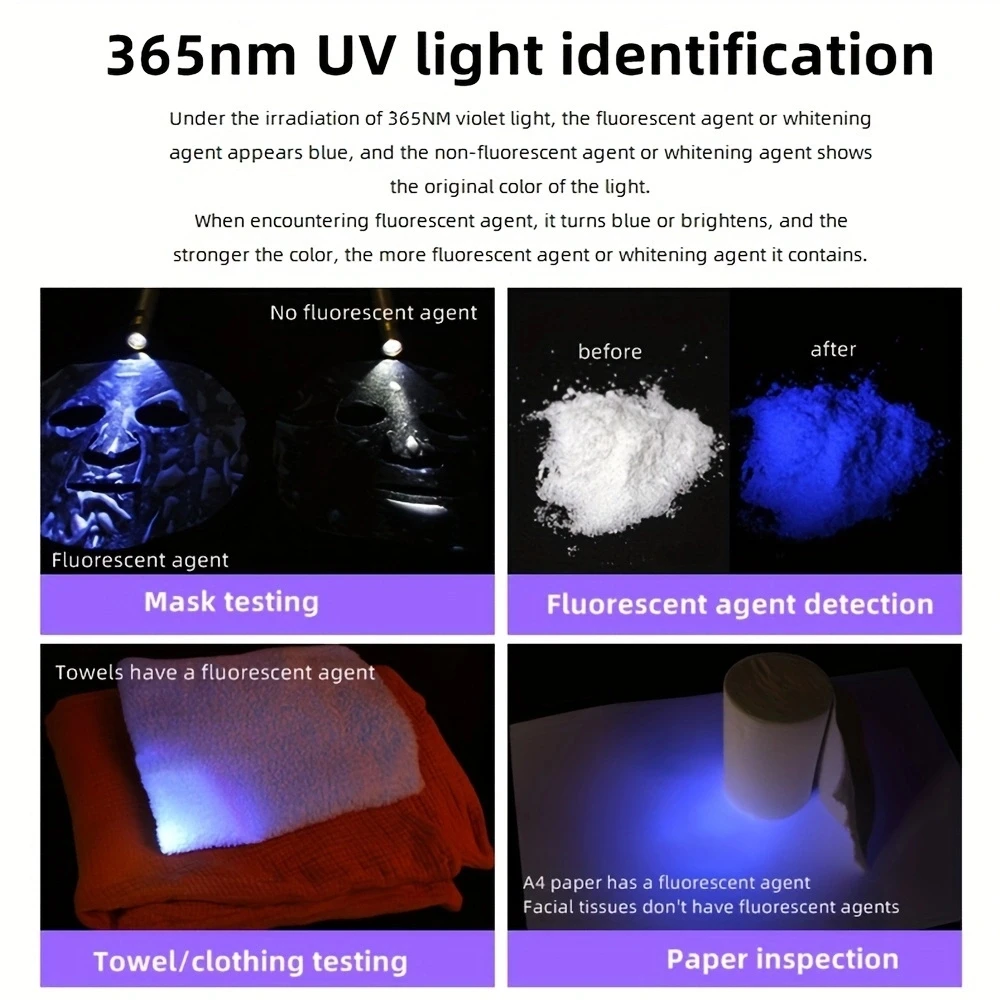 3-in-1 White Yellow UV 365nm LED LCD Flashlight USB Rechargeable Jewelry Jade Stone Pet Stains Marker Ore Money Scorpion Light