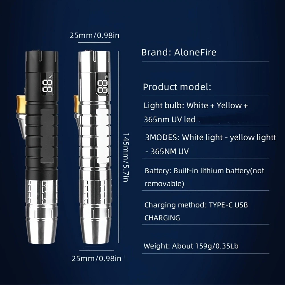 3-in-1 White Yellow UV 365nm LED LCD Flashlight USB Rechargeable Jewelry Jade Stone Pet Stains Marker Ore Money Scorpion Light