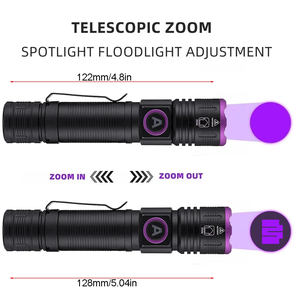 395nm UV Identification Aluminum Alloy Convenient Focusing Purple Light 365nm Aluminum Alloy Flashlight Type-C Charging
