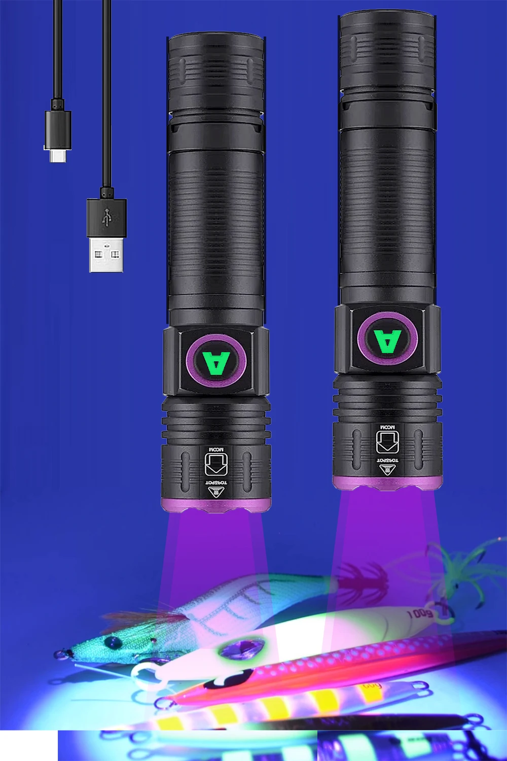 395nm UV Identification Aluminum Alloy Convenient Focusing Purple Light 365nm Aluminum Alloy Flashlight Type-C Charging