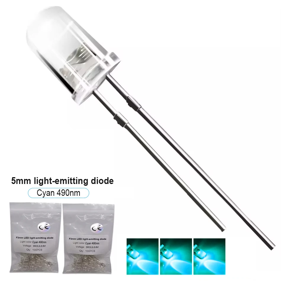 5mm Cyan 490nm Ice Blue 480nm DIP LED Light-Emitting Diode High Luminous DC3.2-3.4V 20mA for Traffic Lights