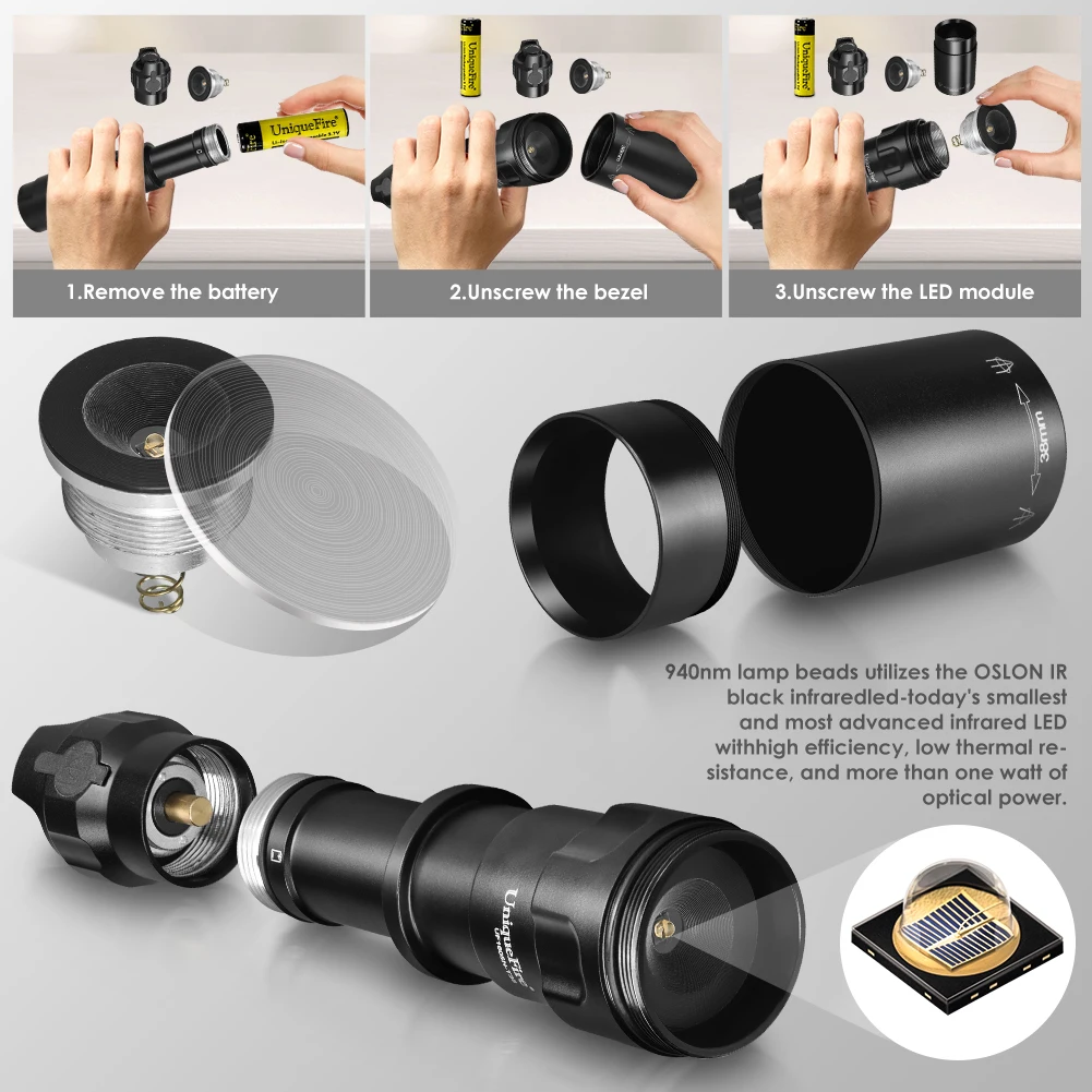 UniqueFire 1605 T38 Vcsel940 Vcsel850 IR LED FlashLight Dimmer Swtich Indicator USB C Rechargeable 18650 Torch Max.1500 Meters