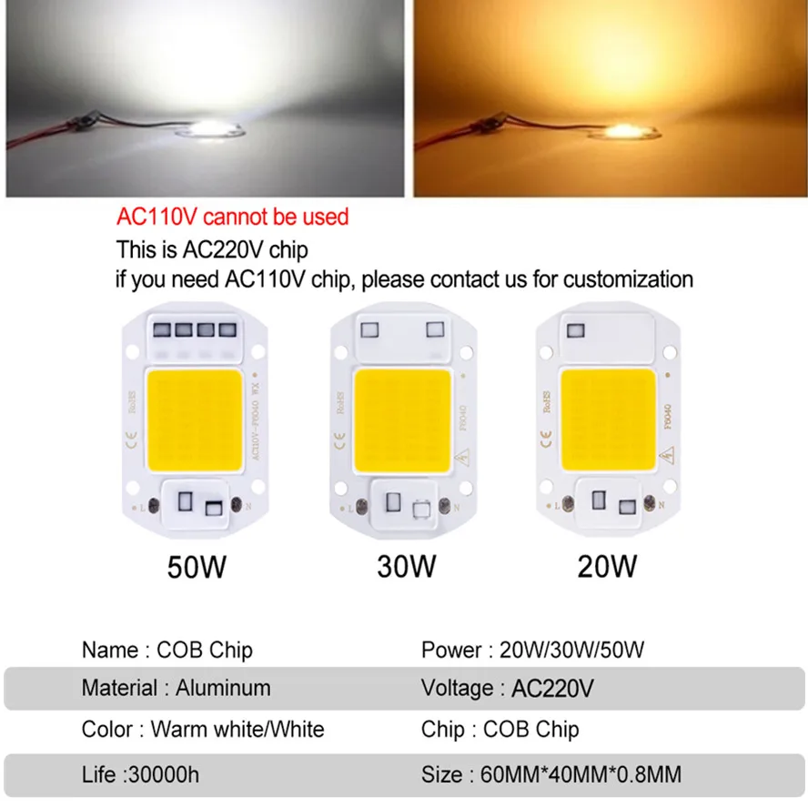 LED 220V COB Chip 10W 20W 30W 50W Smart IC No Need Driver 3W 5W 7W 9W LED Bulb Lamp for Flood Light Spotlight Diy Lighting