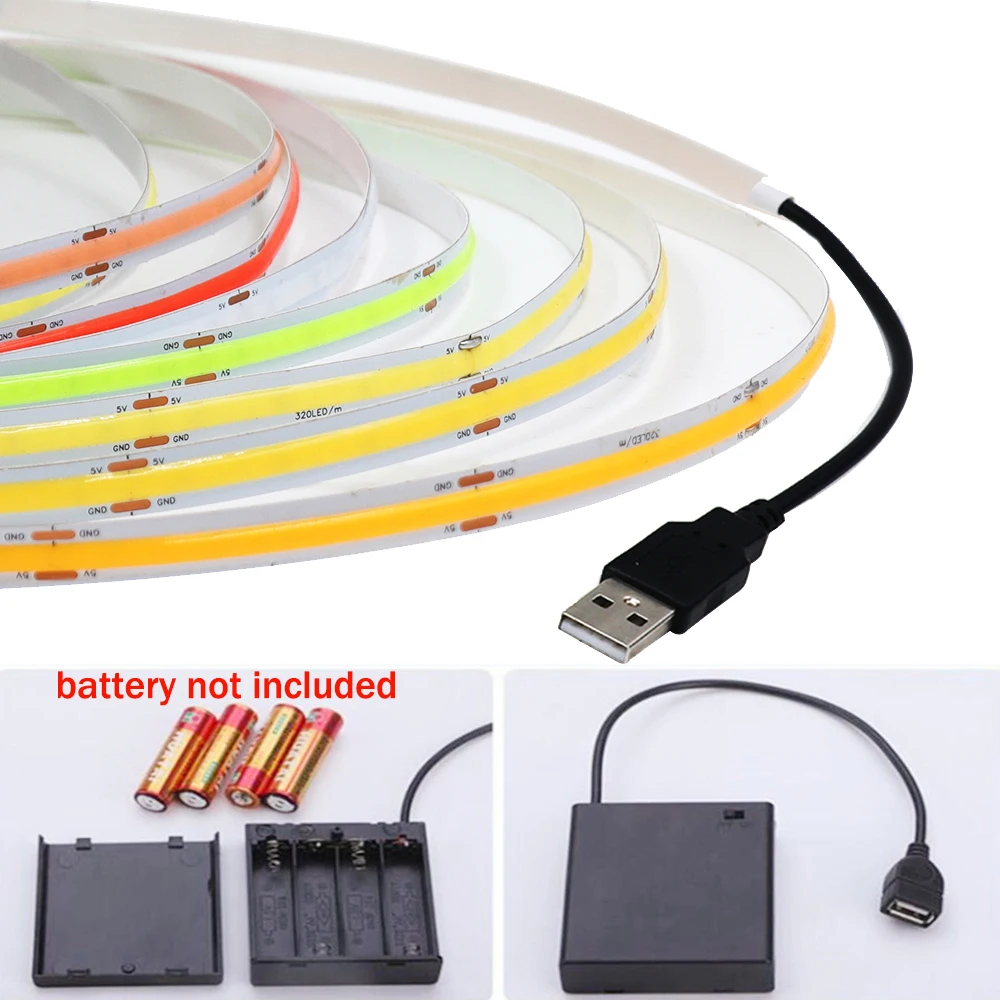 DC5V USB COB LED Strip Battery Power Flexible LED Strip Light 320LED High Density Linear Light with Adhesive Tape for Backlight