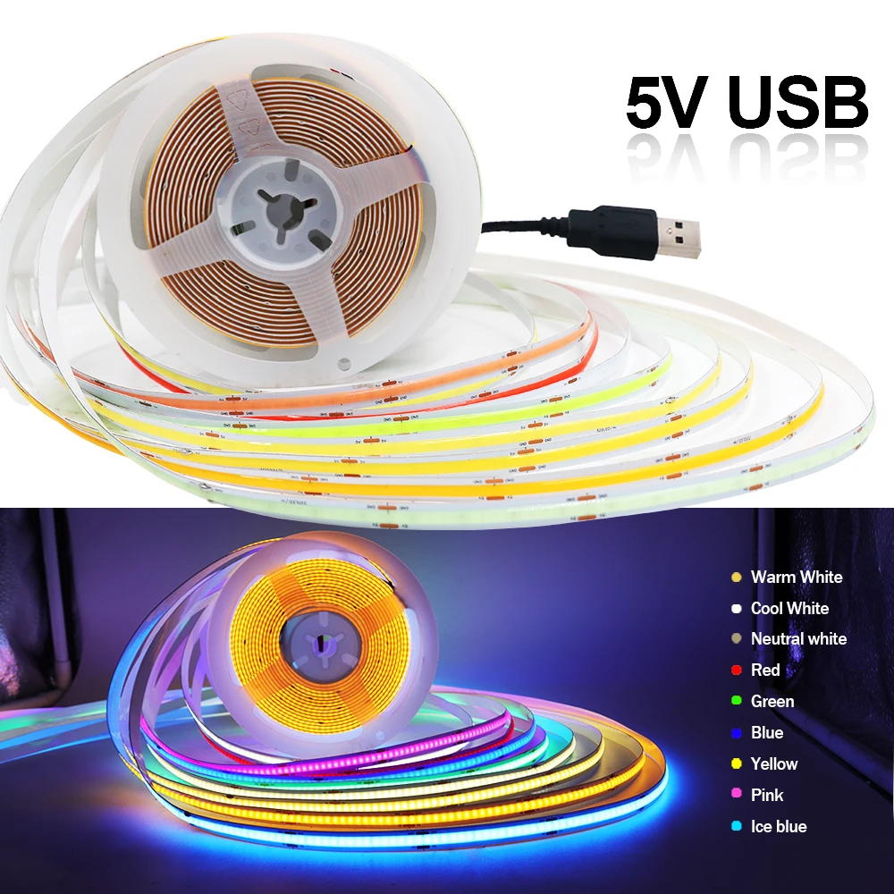 DC5V USB COB LED Strip Battery Power Flexible LED Strip Light 320LED High Density Linear Light with Adhesive Tape for Backlight