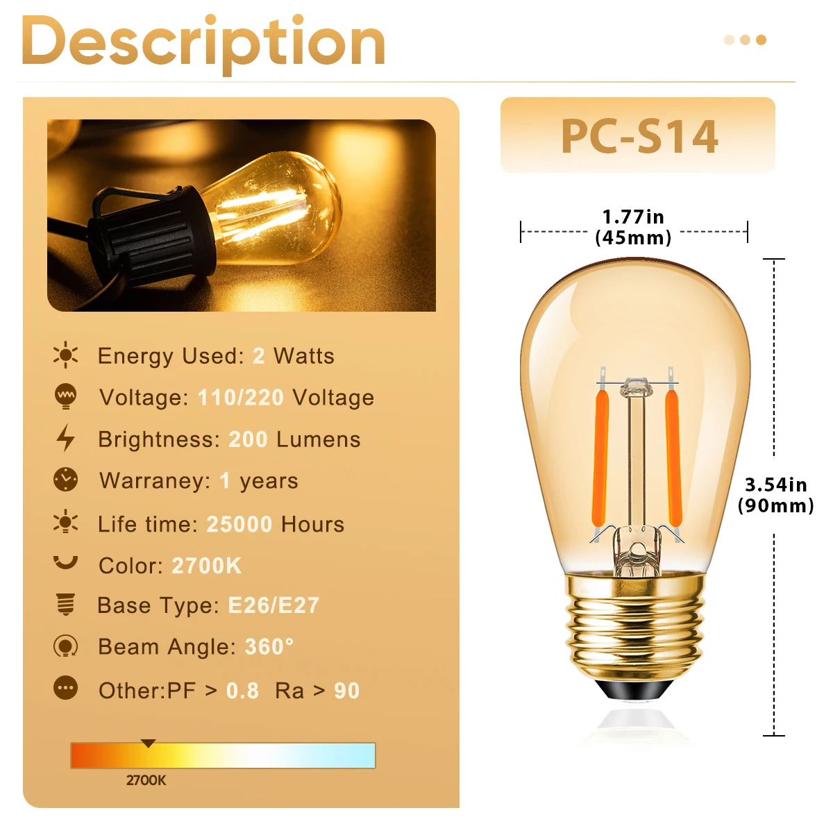 Plastics S14 Led Bulb E27 220V E26 110V Dimmer 2W Warm White Shatterproof Outdoor Vintage For String Light Garden Decoration