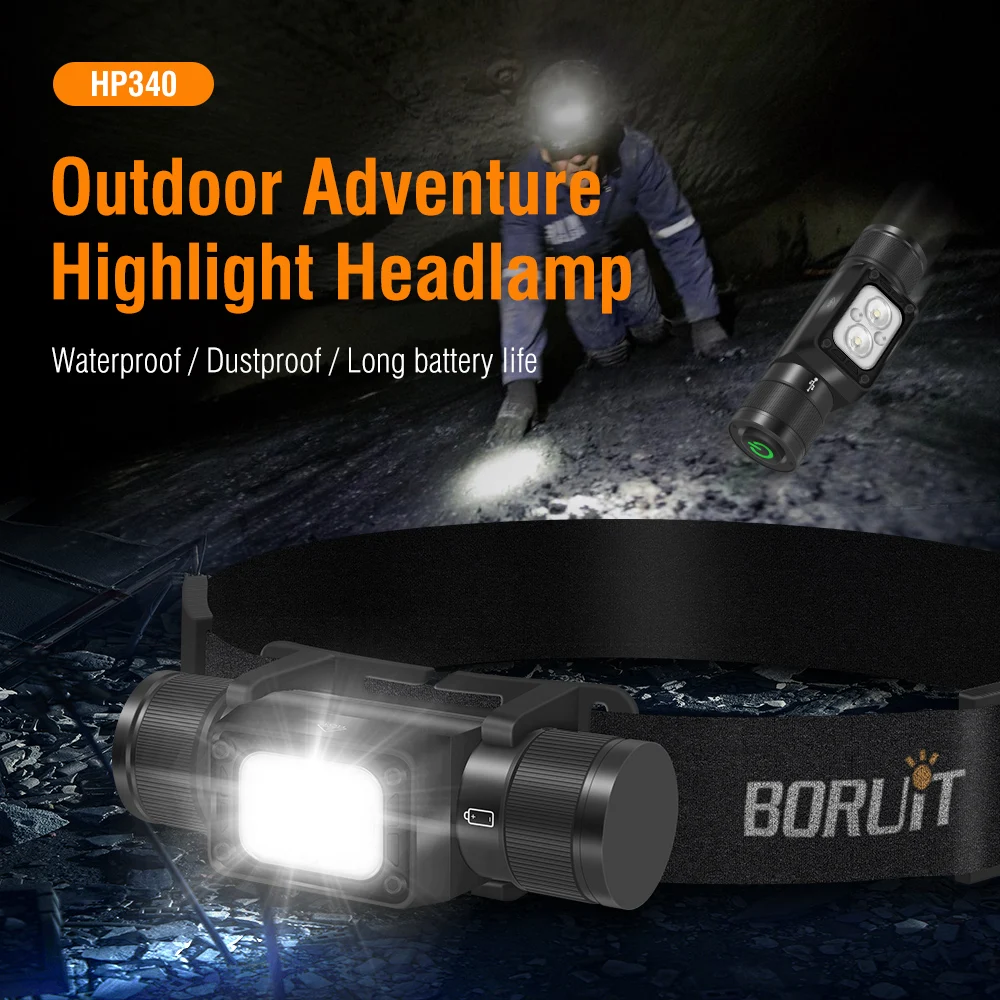 BORUiT HP340/HP350 LED Headlamp Type-C Rechargesble Powerful Headlight Waterproof Camping Fishing Head Torch Emergency Lantern