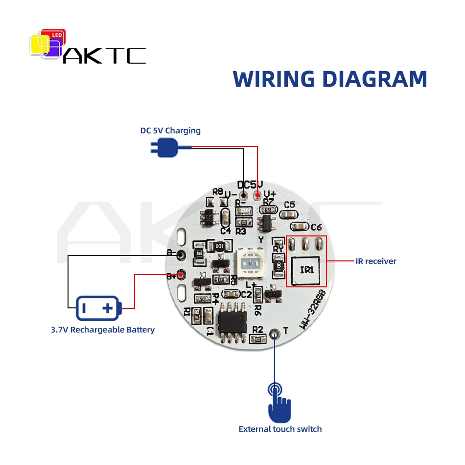 32mm Color RGB Light Board Round LED Light Source Low Voltage DC 5V Compatible Charging/Touch Switch Remote Control/3.7V Battery