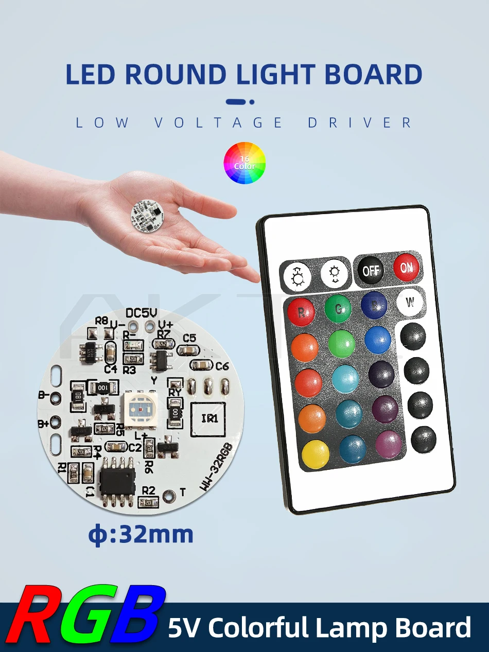 32mm Color RGB Light Board Round LED Light Source Low Voltage DC 5V Compatible Charging/Touch Switch Remote Control/3.7V Battery