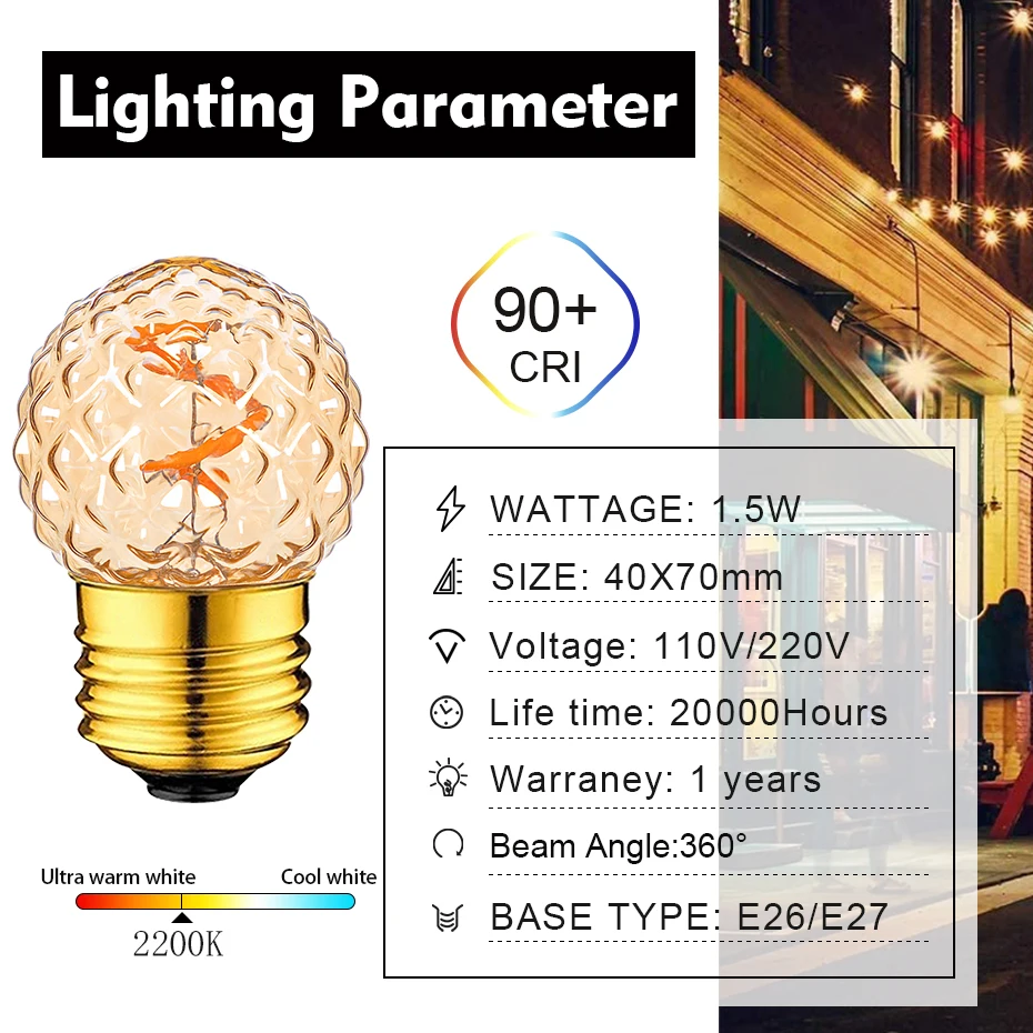 Vintage Led Spiral Filament Bulb G40 Amber Glass 1.5W E27 Dimmable Edison Light Ball Lamp For Pendant Chandelier Decorative Lamp