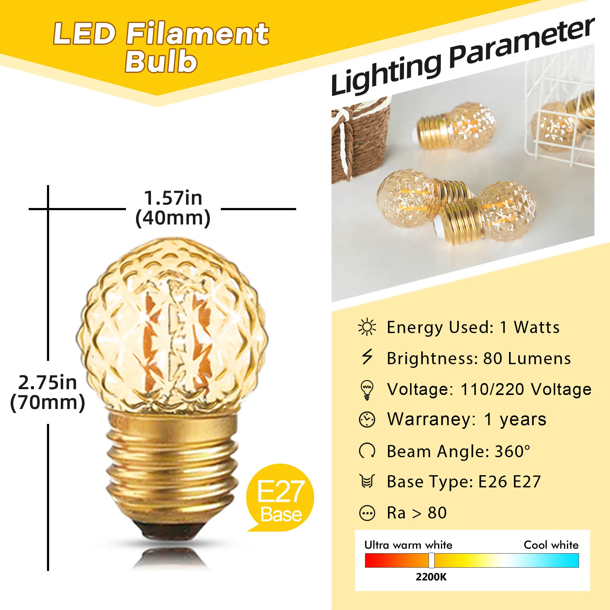Vintage Led Spiral Filament Bulb G40 Amber Glass 1.5W E27 Dimmable Edison Light Ball Lamp For Pendant Chandelier Decorative Lamp