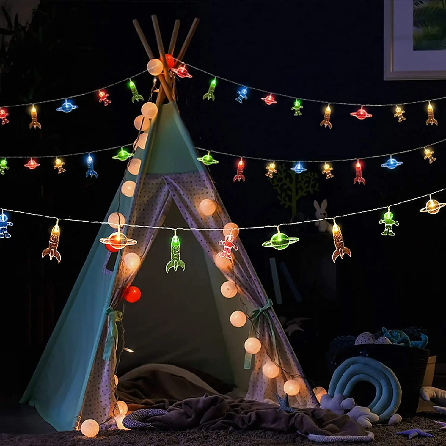 10leds Astronaut Rocket Planet Fairy Light Garland Battery Powered LED Galaxy String Light for Children Christmas Party Decor