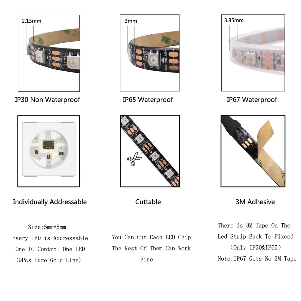 WS2811 WS2812B WS2813 WS2815 5050RGB LED Strip Lights Individually Addressable 30/60/144Pixels/Leds/m Black /White PCB DC5V/12V