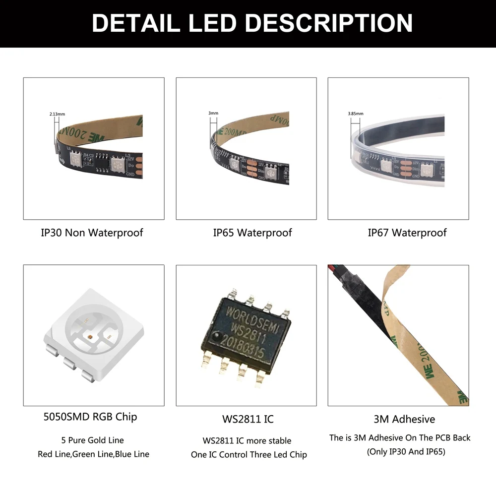 WS2811 WS2812B WS2813 WS2815 5050RGB LED Strip Lights Individually Addressable 30/60/144Pixels/Leds/m Black /White PCB DC5V/12V