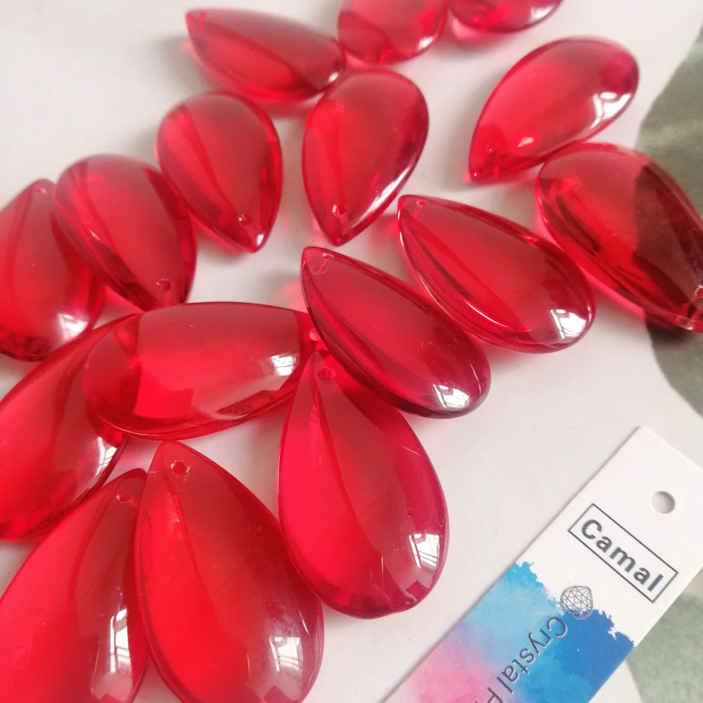 Camal 20pcs 37mm Red Crystal Smooth Teardrop Beads Prism Pendant Lamp Chandelier Hanging Ornament Wedding Jewelry Craft Decor