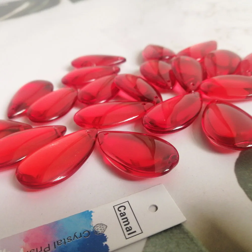 Camal 20pcs 37mm Red Crystal Smooth Teardrop Beads Prism Pendant Lamp Chandelier Hanging Ornament Wedding Jewelry Craft Decor