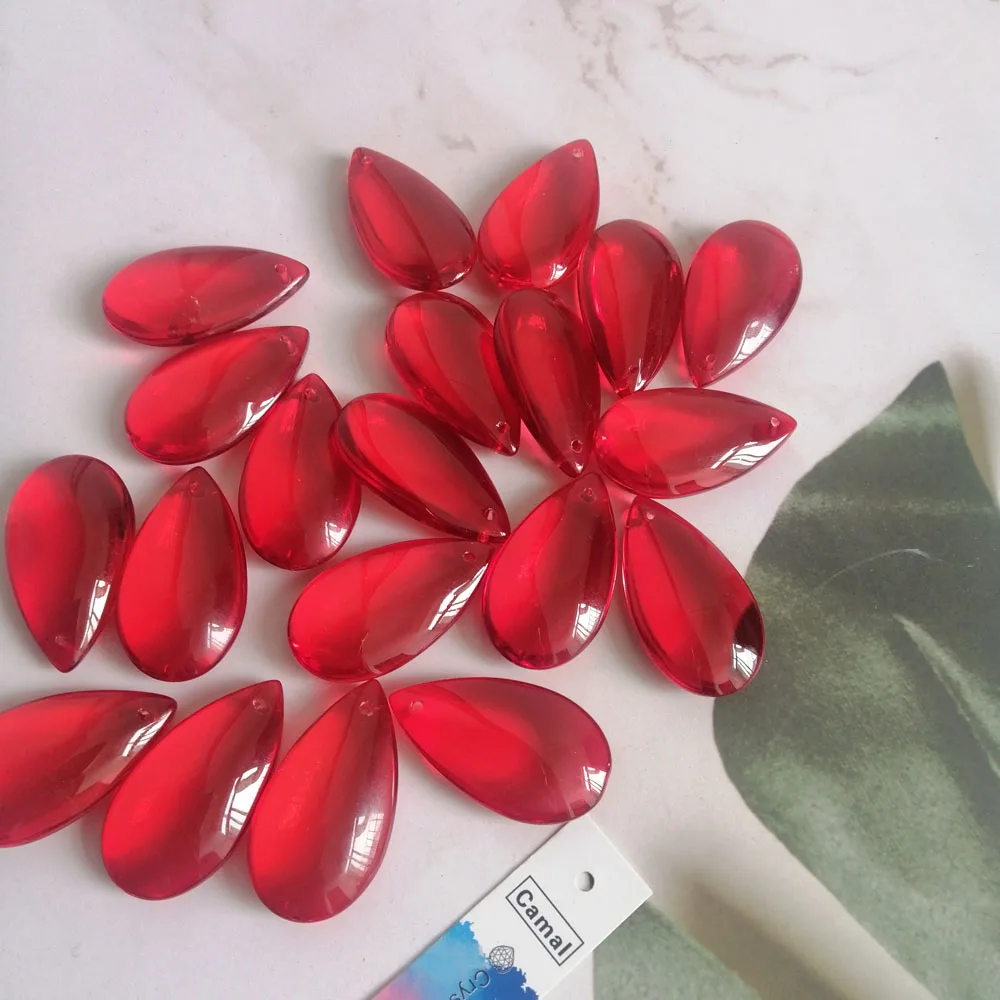 Camal 20pcs 37mm Red Crystal Smooth Teardrop Beads Prism Pendant Lamp Chandelier Hanging Ornament Wedding Jewelry Craft Decor