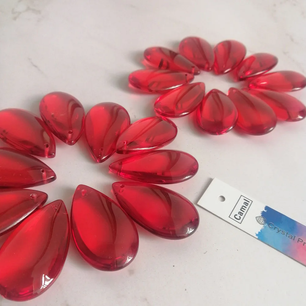 Camal 20pcs 37mm Red Crystal Smooth Teardrop Beads Prism Pendant Lamp Chandelier Hanging Ornament Wedding Jewelry Craft Decor