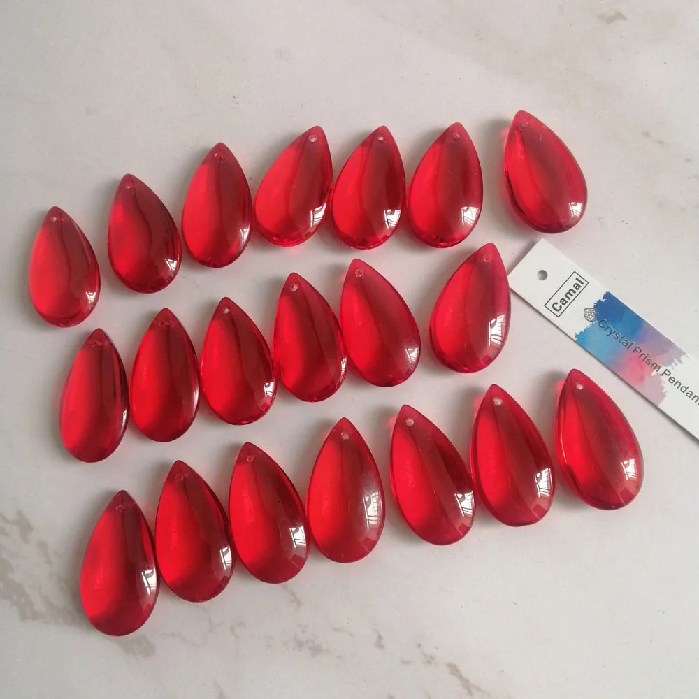 Camal 20pcs 37mm Red Crystal Smooth Teardrop Beads Prism Pendant Lamp Chandelier Hanging Ornament Wedding Jewelry Craft Decor