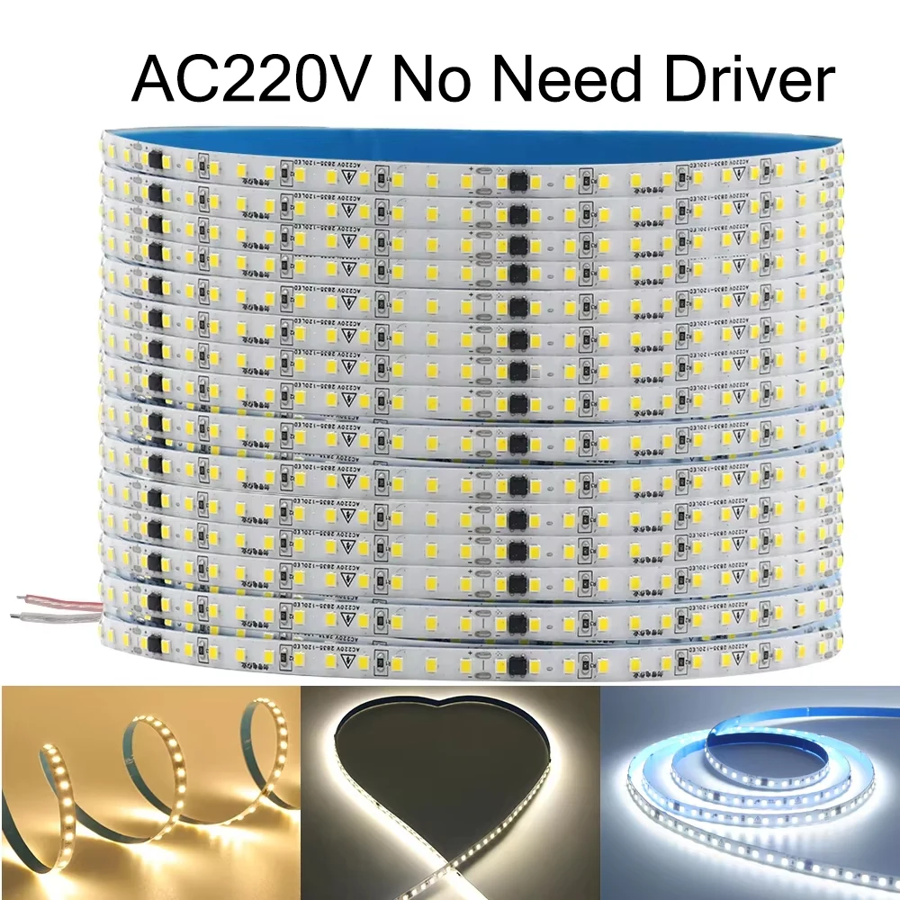 10m 20m 50m 220V 2835 LED Strip Light No Need Driver High Bright 120LEDs/m Flexible Led Tape Lights IP44 Ribbon Home Lighting