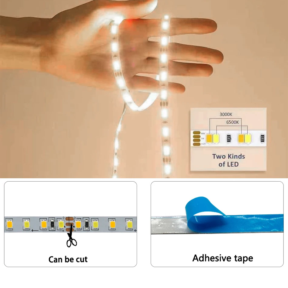 5M/Roll DC 5V 12V 24V LED Dual Color Strip Light 120 180 240 336 LEDs/M 5MM 8MM 12MM Wide PCB Flexible CRI Dimmable CCT Bar Lamp