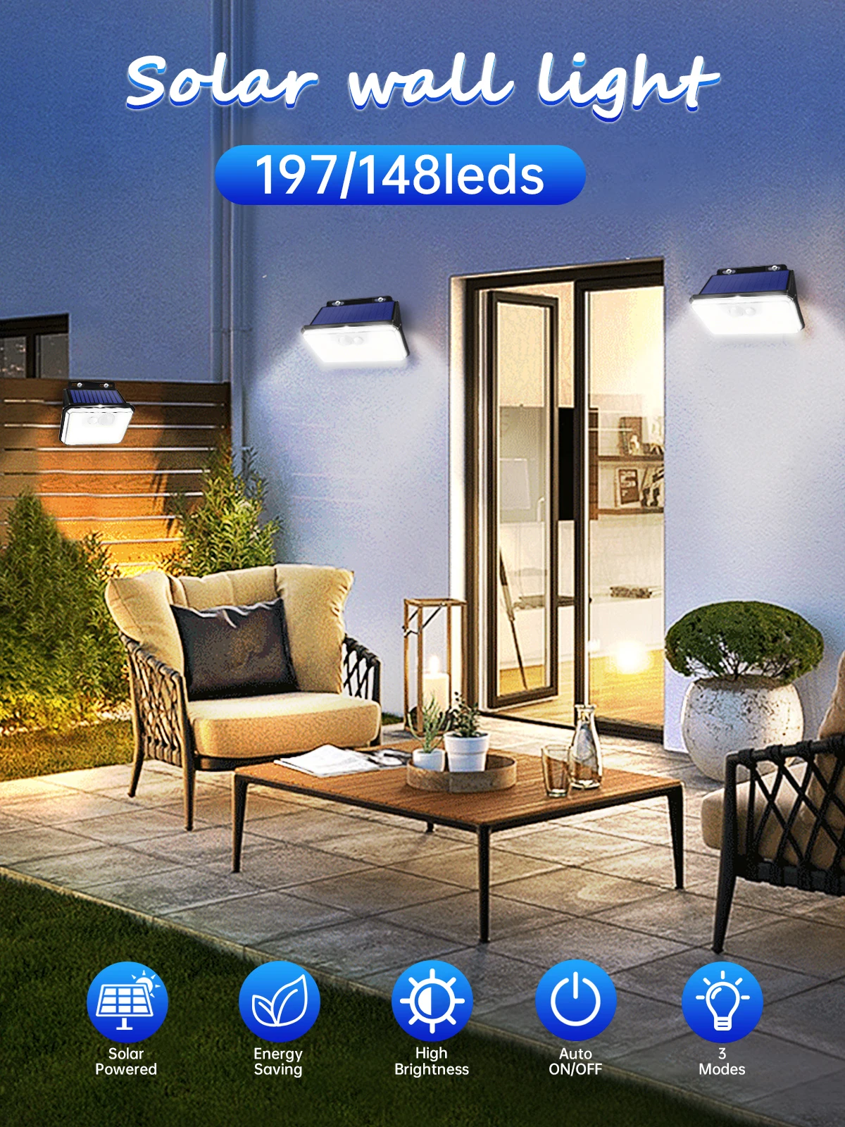 2Pack IP67 Waterproof Solar Outdoor Garden Lights Super Bright 148/197 LEDs Motion Sensor Wall Light Solar Powered Security Lamp
