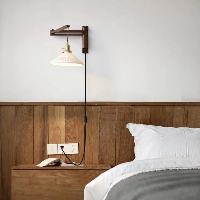 Retro Folding Walnut Color Wall Lamp Japanese Study Living Room Bedroom Bedside Lamp Tea Room Homestay Nostalgic Coffee Shop Lam