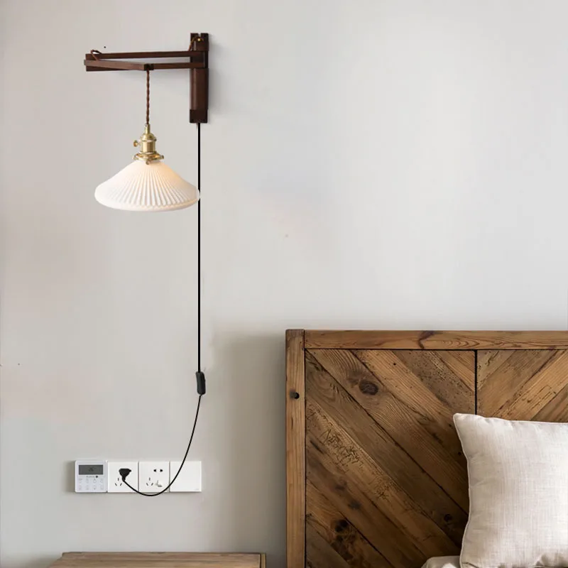 Retro Folding Walnut Color Wall Lamp Japanese Study Living Room Bedroom Bedside Lamp Tea Room Homestay Nostalgic Coffee Shop Lam
