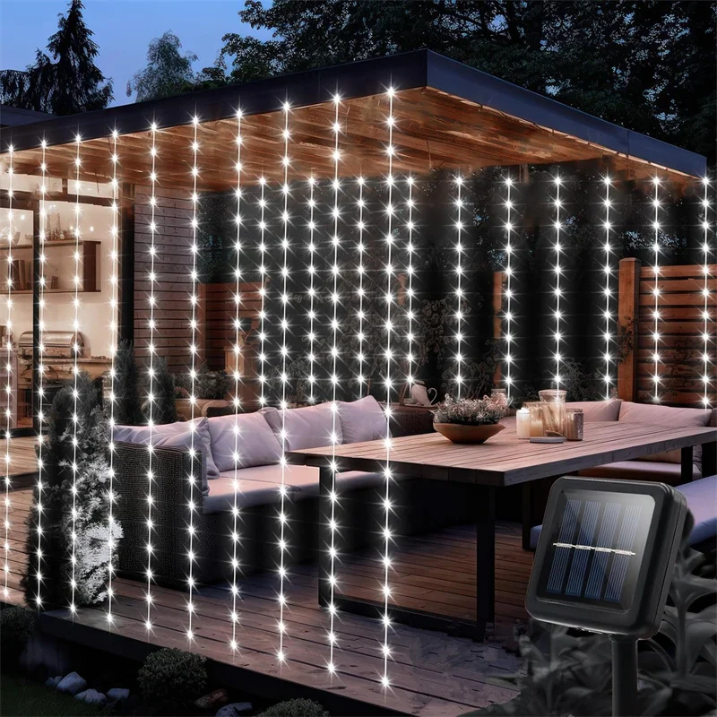 Solar Curtain Light Outdoor Waterproof Solar Fairy Garland String Lights for Garden Yard Pavilion Wedding Party Holiday Decor