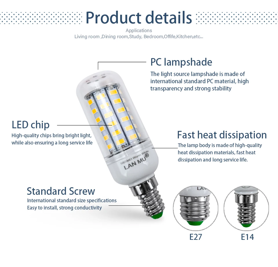 LED Lamp E27 E14 AC 220V 230V 5730SMD LED Lights Corn Led Bulb 24 36 48 56 69 72LEDs Chandelier Candle Lighting Home Decoration