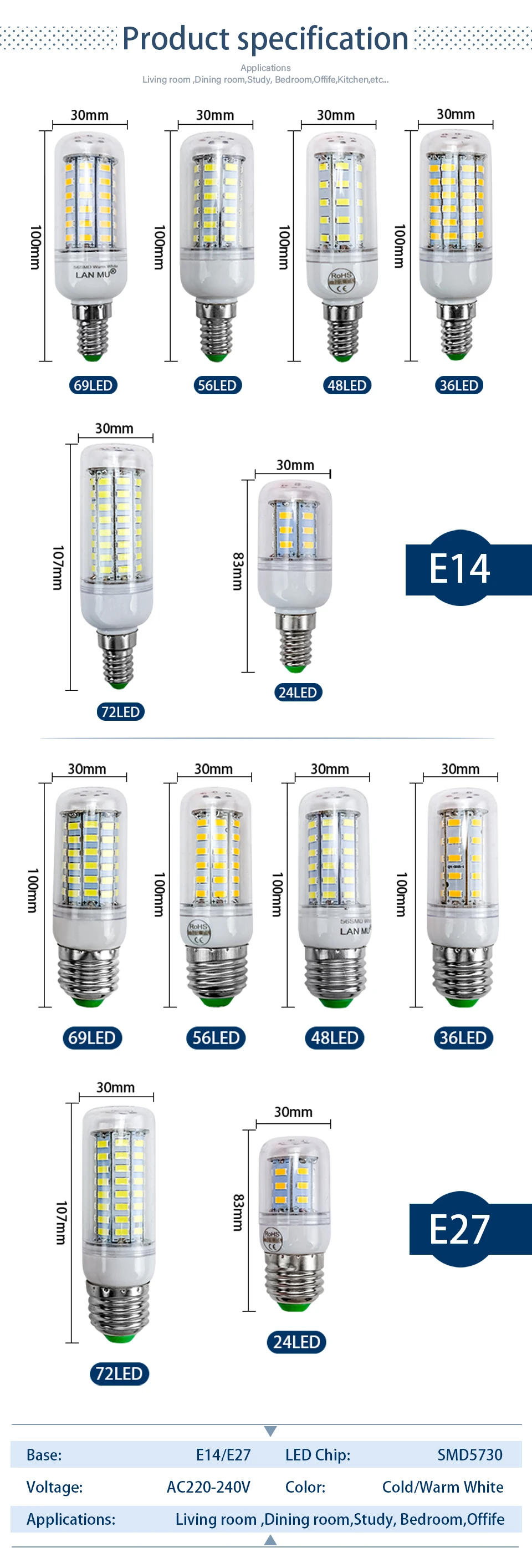 LED Lamp E27 E14 AC 220V 230V 5730SMD LED Lights Corn Led Bulb 24 36 48 56 69 72LEDs Chandelier Candle Lighting Home Decoration
