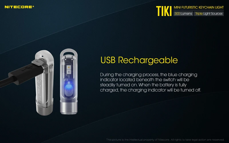 NITECORE TIKI TIKILE 300Lumens Mini Keychain Light Triple Lihgt Sources USB-Rechargeable Portable Lighting UV Light For Outdoor