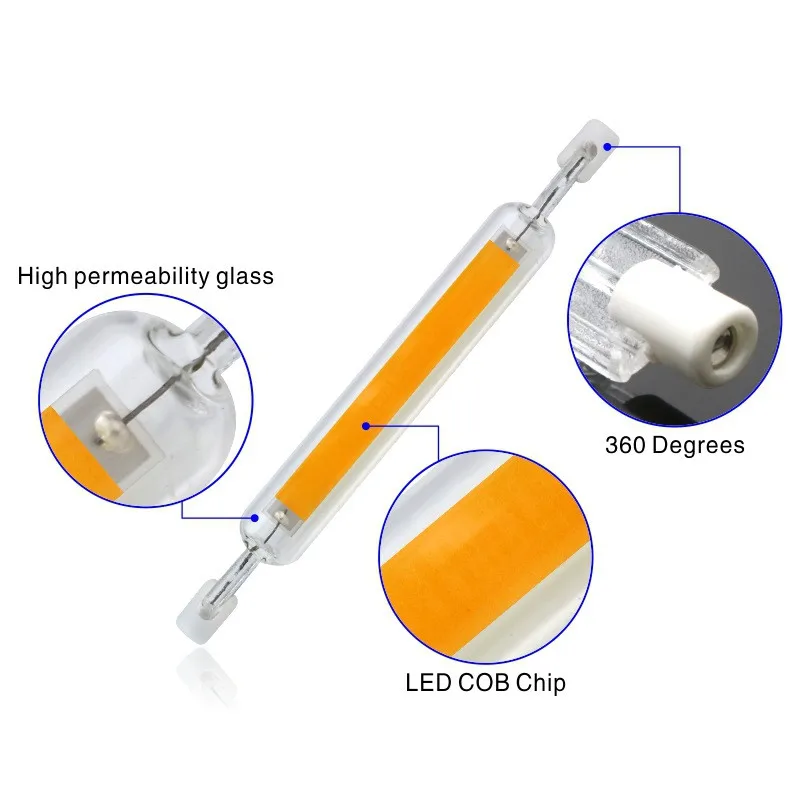 Super Bright Dimmable LED R7S Glass Tube COB Bulb Ceramics 78MM 118MM R7S Corn Lamp 15W 20W 30W 40W Replace Halogen Lampadas
