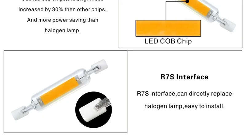 Super Bright Dimmable LED R7S Glass Tube COB Bulb Ceramics 78MM 118MM R7S Corn Lamp 15W 20W 30W 40W Replace Halogen Lampadas