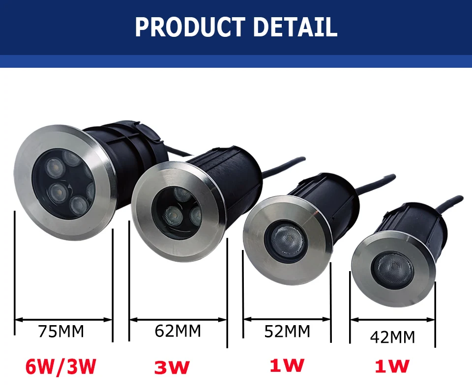 42MM 52MM 62MM 75MM 1W 3W 6W 12V-24V IP68 Swimming Pools Lighting All Stainless Steel LED Underwater Light