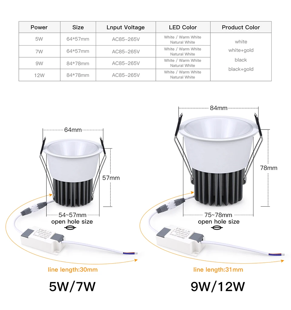 Aluminum LED Spot Light 5W 7W 9W 12W LED Spotlight Bulb 110V 220V Recessed Downlight Ceiling Lamp Showcase Decorative Lighting