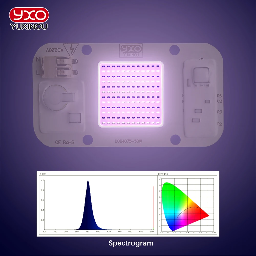220V 50W High Power UV LED 395nm Purple Ultraviolet Bulb Lamp Chips Light Beads Diode for Printer Curing Phosphor Lighting