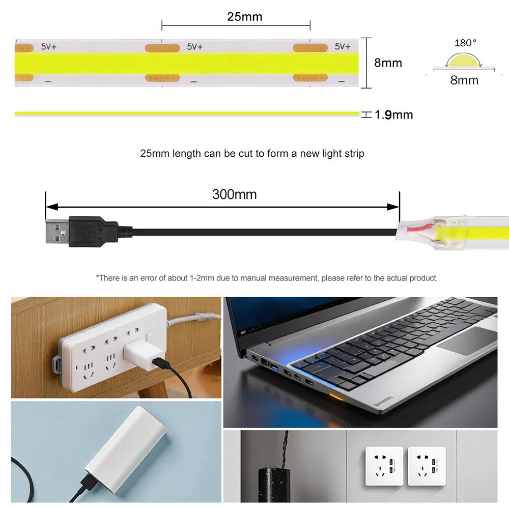 5V 3mm 5mm 8mm PCB COB LED Strip Light USB Powered Red Green Blue Pink Warm White High Density 320LEDs Flexible Ribbon Tape Lamp