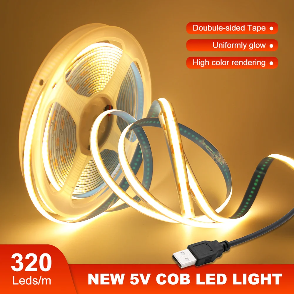 5V 3mm 5mm 8mm PCB COB LED Strip Light USB Powered Red Green Blue Pink Warm White High Density 320LEDs Flexible Ribbon Tape Lamp